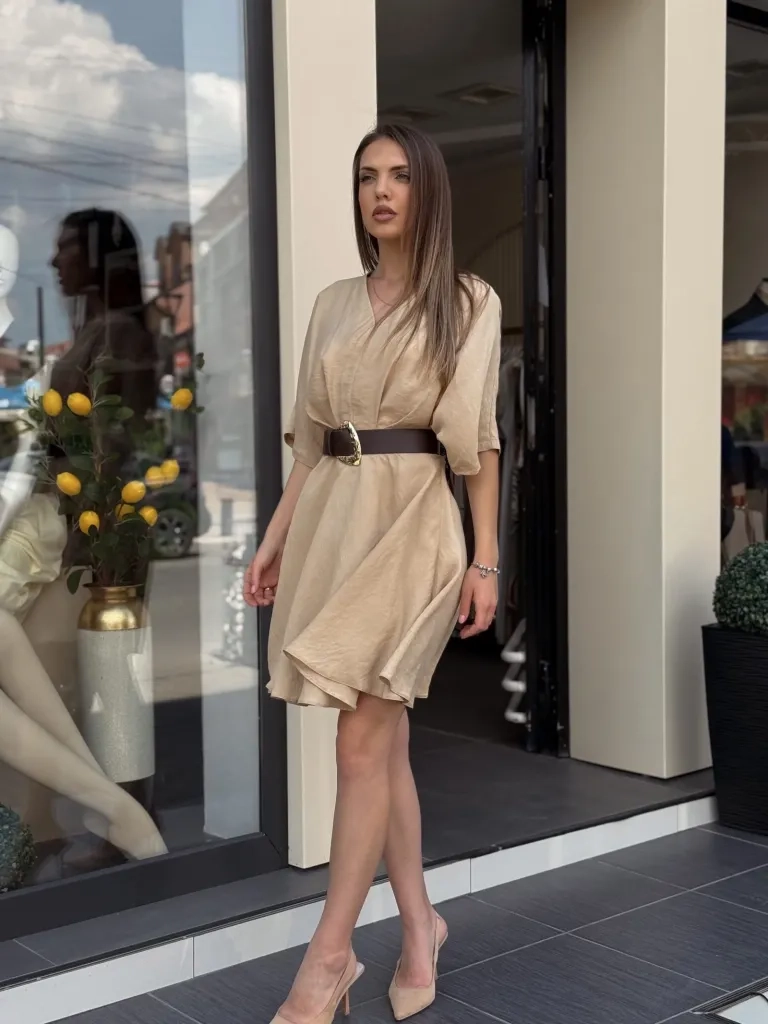 Haljina bež kratak rukav FE78014