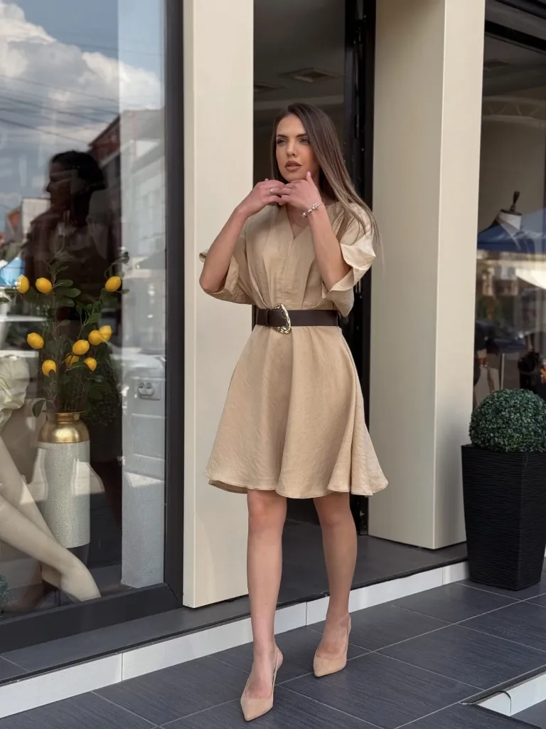 Haljina bež kratak rukav FE78014