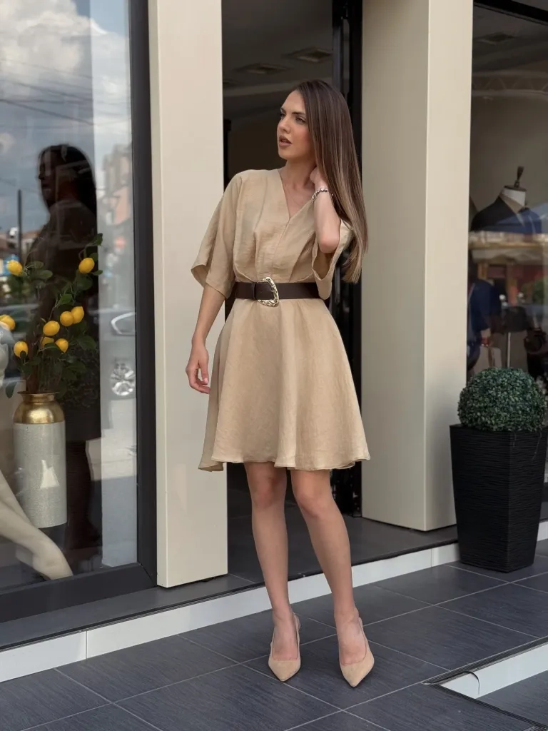 Haljina bež kratak rukav FE78014