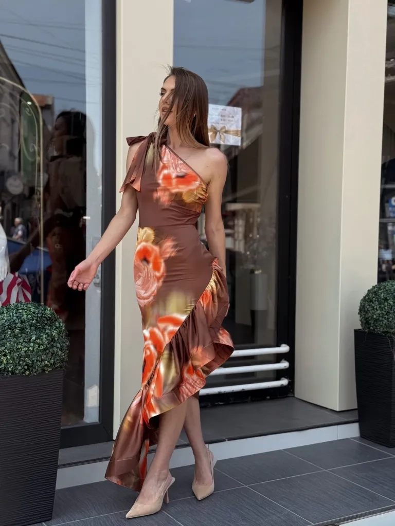 Haljina braon na jedno rame FER965848 | Ženska odeća | Haljine